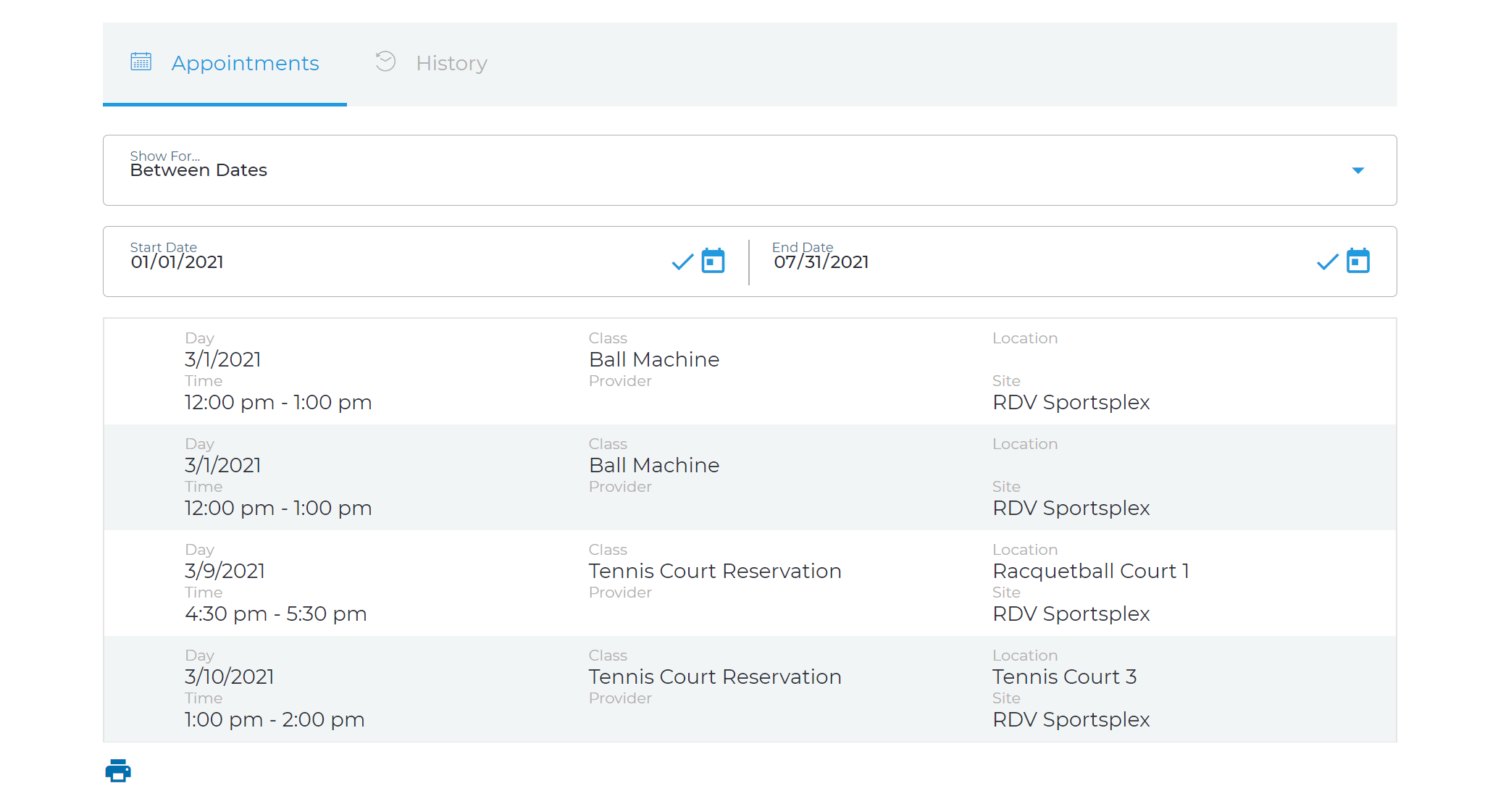 The account appointments section