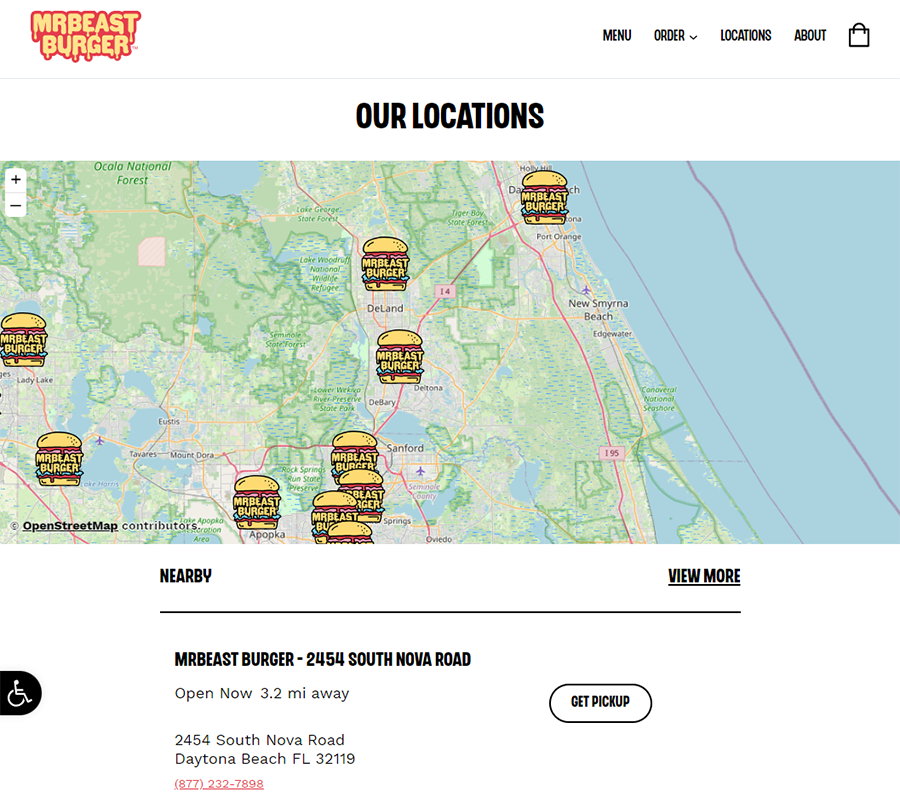 A map showing MrBeast burger locations around Orlando, Fl